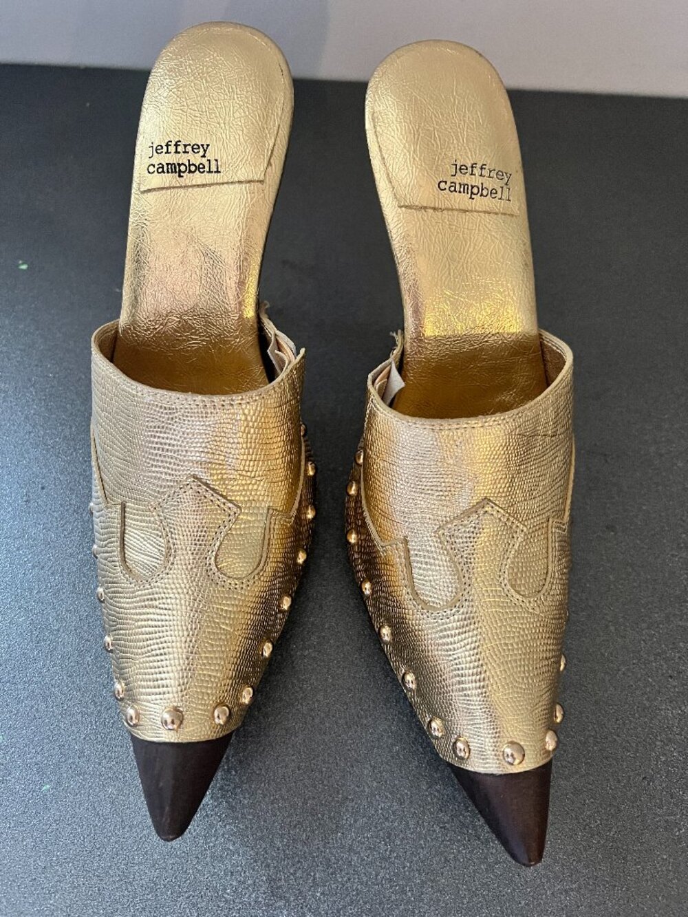 Jeffrey Campbell Gold Studded Pointed‑Toe Mule — Textured Metallic Slip‑On Heel